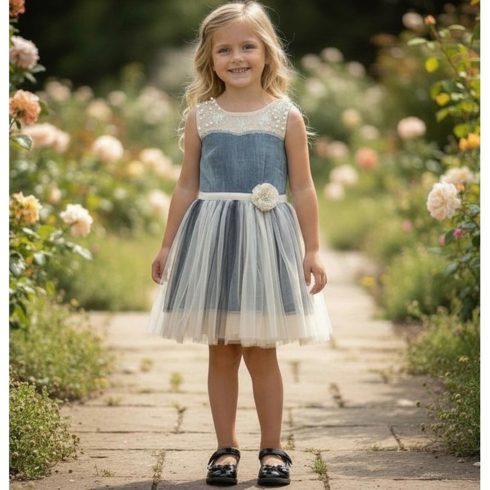 NEW Girls 10-12 Blue & Ivory Lace Pearl Embellished‎ Tulle Dress